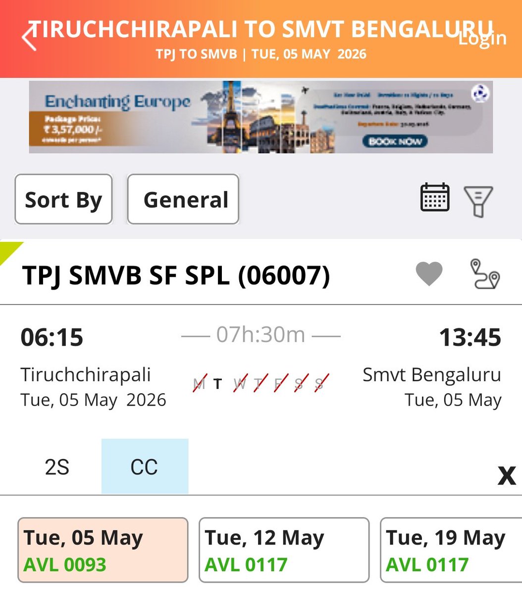 TrichyTreasures's tweet image. Reservation commenced for the 06007/06008 Tiruchirappalli-SMVT Bengaluru Weekly Intercity Special Train for the month of May. #Trichy #Bengaluru