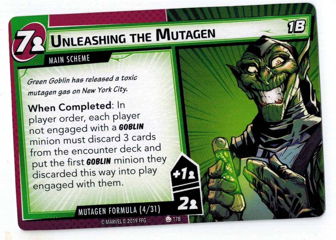 Q: Does the start of the expert Mutagen Formula trigger the "when revealed" ability on Green Goblin's 2nd form?
A: Yes, "when revealed" effects on villains trigger during setup

#marvelchampions #GreenGoblin
