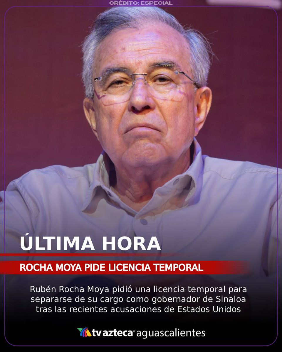 AztecaAgs's tweet photo. #ÚLTIMAHORA 🚨 Rubén Rocha Moya pidió licencia temporal para separarse de su cargo como gobernador tras las acusaciones de nexos con el N4rc0tr4fic0 #AztecaBreaking
#CoberturaRochaMoya https://t.co/vFp3YobNSK