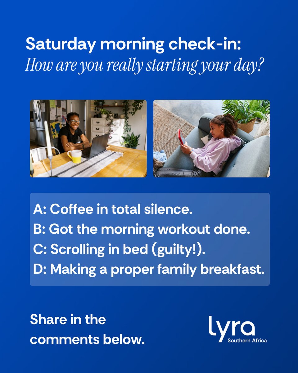 lyrasouthafrica's tweet image. Saturday morning check-in: How are you really starting your day? 

Tell US:
☕ Coffee in total silence.
👟 Got the morning workout done.
📱 Scrolling in bed (guilty!).
🍳 Making a proper family breakfast.

#SaturdayMorning #WeekendVibes #FillYourCup #LyraSA
