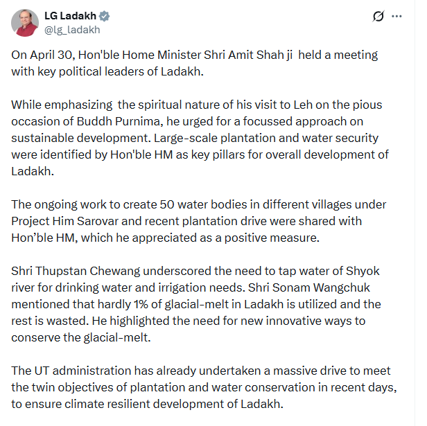 PTI_News's tweet image. Official Handle of the Lieutenant Governor, UT of Ladakh (@lg_ladakh) posts, "On April 30, Hon'ble Home Minister Shri Amit Shah ji  held a meeting with key political leaders of Ladakh. 

While emphasizing  the spiritual nature of his visit to Leh on the pious occasion of Buddh