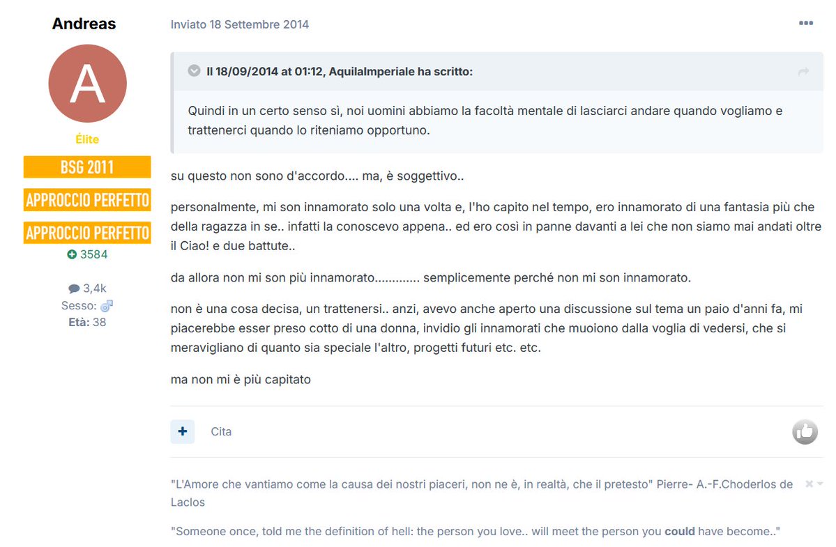 FraTesta73's tweet image. #Garlasco #Andres
...
Personalmente, mi son innamorato solo una volta e, l'ho capito nel  tempo, ero innamorato di una fantasia più che della ragazza in se..  infatti la conoscevo appena.. ed ero così in panne davanti a lei che non  siamo mai andati oltre il Ciao! e due battute.