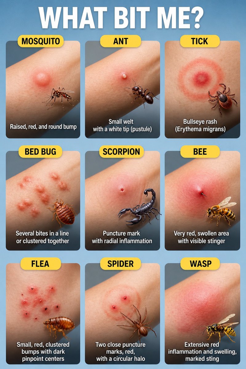 MDSUJON85265037's tweet photo. That random bump on your skin? It's trying to tell you something. 👀

🦟 Mosquito = round raised bump
🐜 Ant = white tip pustule
🕷️ Spider = TWO puncture marks
🦟 Tick = bullseye rash

Don't ignore it. See a doctor immediately.

🔖Save this. Share this. Your health matters. https://t.co/jbyOepBfhw