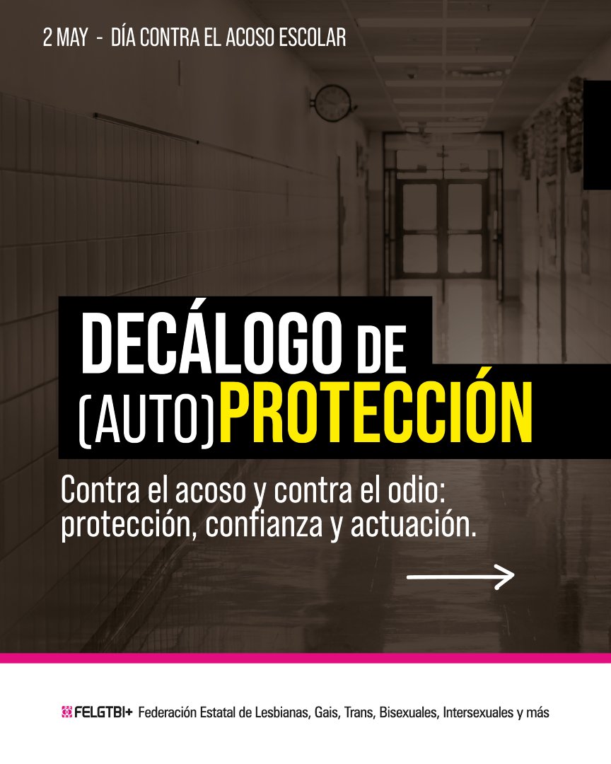 FELGTBI's tweet photo. ❗Hoy, 2 de mayo, Día contra el Acoso Escolar, es un recordatorio de lo que sigue pasando dentro de las aulas cuando miramos hacia otro lado. https://t.co/ES1QzQK3Ip