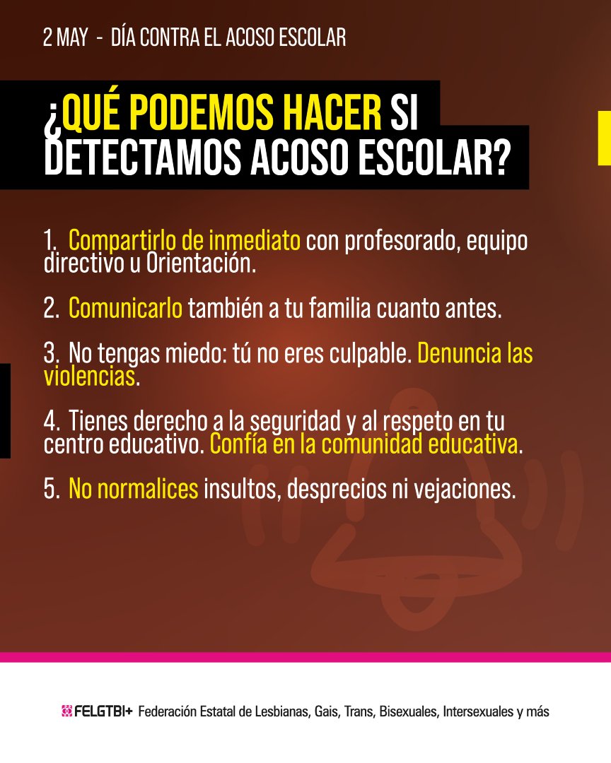 FELGTBI's tweet photo. ❗Hoy, 2 de mayo, Día contra el Acoso Escolar, es un recordatorio de lo que sigue pasando dentro de las aulas cuando miramos hacia otro lado. https://t.co/ES1QzQK3Ip