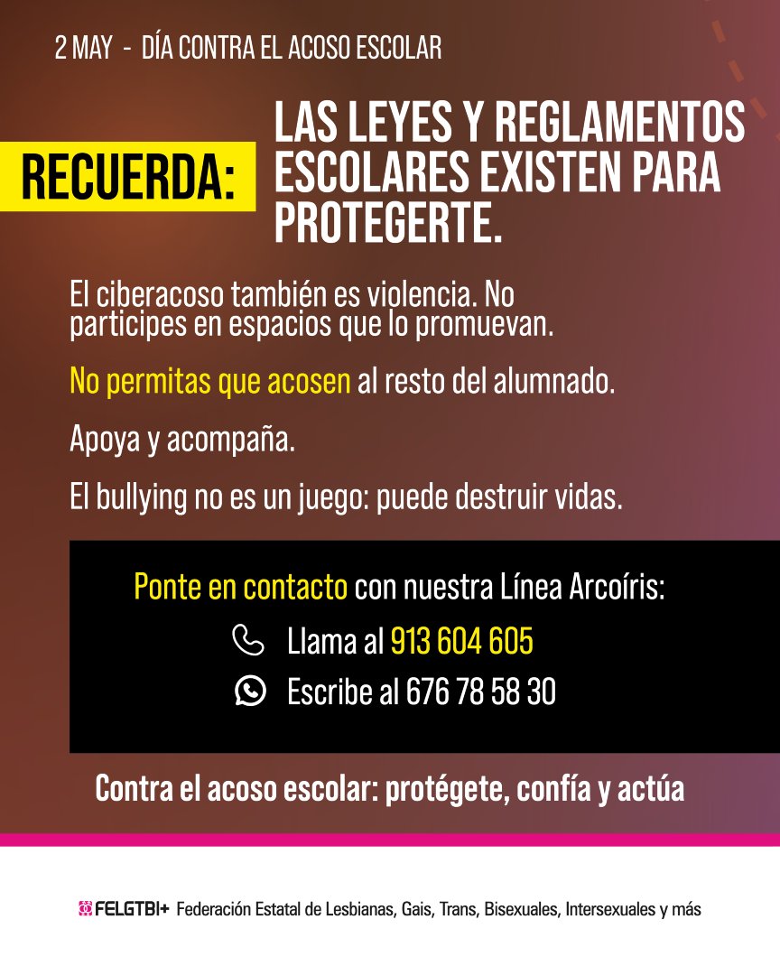 FELGTBI's tweet photo. ❗Hoy, 2 de mayo, Día contra el Acoso Escolar, es un recordatorio de lo que sigue pasando dentro de las aulas cuando miramos hacia otro lado. https://t.co/ES1QzQK3Ip