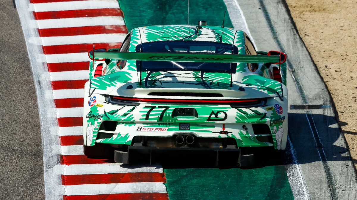 Say hello to Sketchy! ✏️ <a href="/AORacingUSA/">AO Racing 🦖</a>'s dinosaur #Porsche911GT3R has a special retro-themed look at this weekend's <a href="/IMSA/">IMSA</a> round at <a href="/WeatherTechRcwy/">WeatherTech Raceway Laguna Seca</a>, revisiting the moments before the iconic Rexy livery was born back in 2023. 🦖 #PorscheCustomerRacing #Porsche