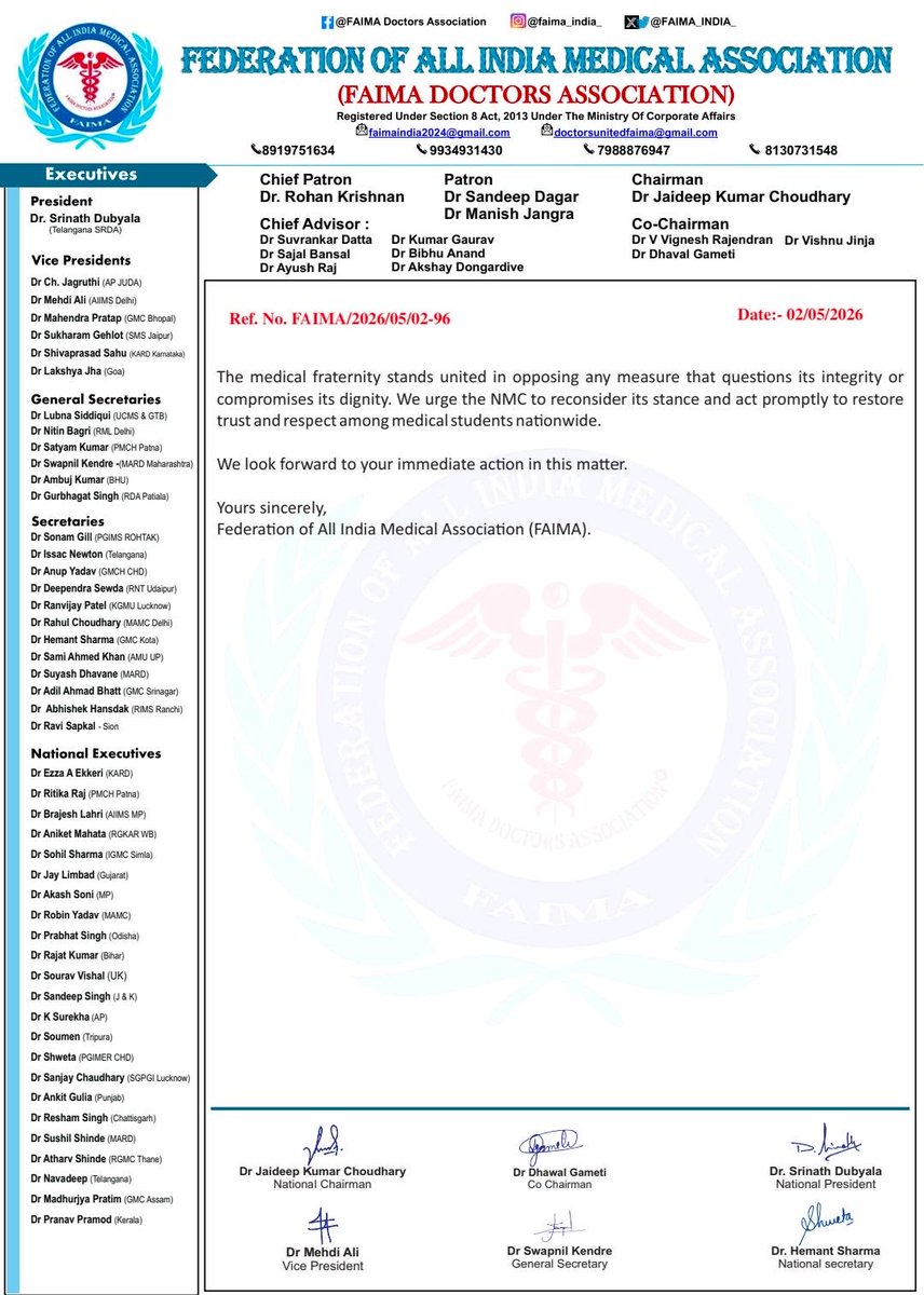 🚨 FAIMA strongly condemns the <a href="/NMC_IND/">National Medical Commission</a> advisory restricting medical students to hostels on 2nd–3rd May for NEET-UG 2026.
This unjust directive questions the integrity of future doctors and undermines their dignity. Students are not suspects.
We demand immediate withdrawal &amp; a