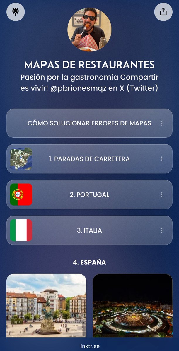 MAPAS DE RESTAURANTES DE ESPAÑA, PORTUGAL E ITALIA

He hecho una actualización mas visual de mis mapas con recomendaciones guardadas de gente del buen comer.

- Solución a fallos que dan las listas de Google Maps (os aseguro que funcionan y que estoy buscando otra forma de
