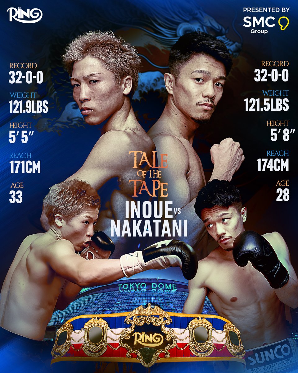 ringmagazine's tweet photo. 📋 Tale of the Tape | Presented by @SMCMENA_

🥊 Naoya Inoue vs Junto Nakatani
👑 Ring &amp; Undisputed Titles
⏰ Today
📺 DAZN
📍 Tokyo Dome, Japan 🇯🇵 https://t.co/72rW4unwH4