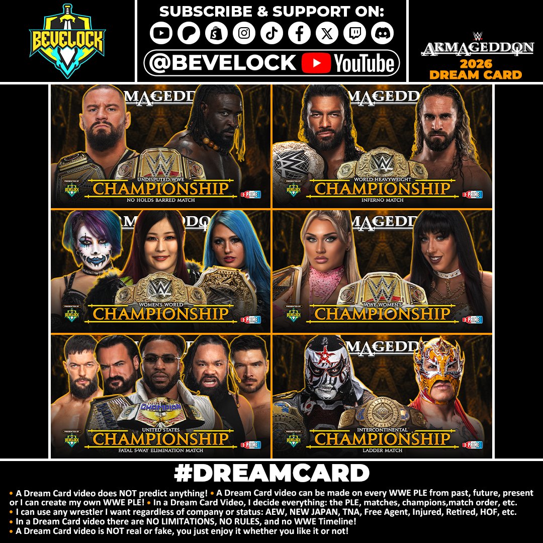 bevelock1's tweet photo. WWE Armageddon 2026 Dream Card
Bevelock's epic dream matches are here!
#WWEArmageddon #Armageddon #DreamCard #WWE #Bevelock https://t.co/SQ9MIQsfNu