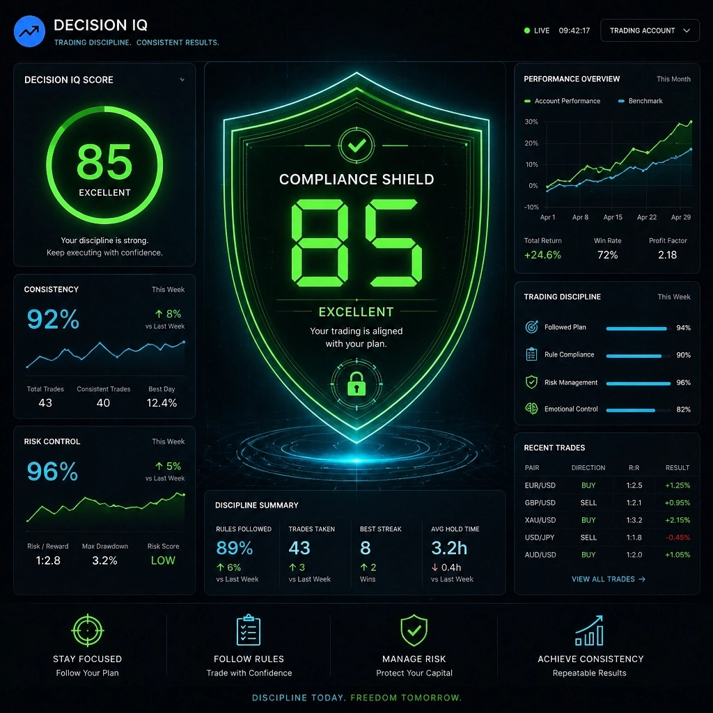 levelzio's tweet photo. Stop guessing your edge. Prove it. 🛡️

Decision IQ is your Compliance Shield, turning discipline into data. Show investors your strategy is backed by consistency, not luck.

#PropTrading #TradingConsistency #Fintech #JournalIQ #MT5 #TradingEdge #ComplianceShield https://t.co/24PQyKKBYf