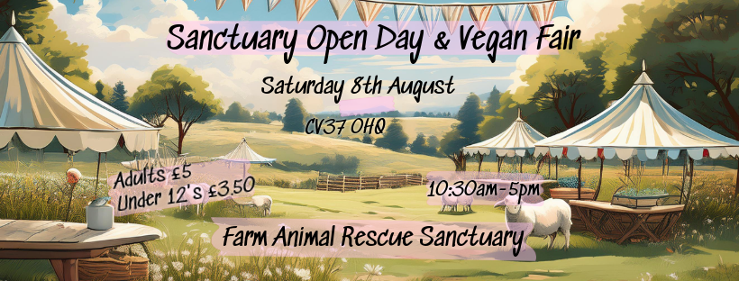 fars_sanctuary's tweet photo. 🐑 OPEN DAY &amp; VEGAN FAIR! 🐑
Join us in Aug to celebrate Carole's 82nd b'day, meet the animals &amp; hang out with our team 🙏

🗓️ Sat 08 Aug '26
 📍 Stratford-on-Avon CV37 0HQ
 🎟 £5 (under 12s £3.50)
 🏡 Tours, stalls, animal hellos
 🍔 Vegan food

BOOK HERE https://t.co/zUBoX02PYv https://t.co/aWQdS4jSfy