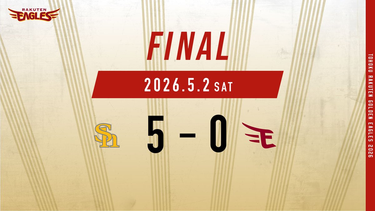2026.5.2 vs.福岡ソフトバンク
【試合結果： H 5-0 E】

#RakutenEagles #強鷲革新