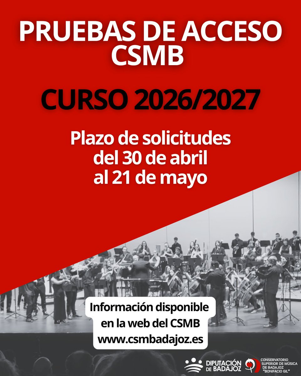 DipdeBadajoz's tweet photo. 🎶 Deja de disfrutar de la música solo como oyente. ¡Aprende a hacerla!

Ya está abierto el plazo de solicitudes para las pruebas de acceso del curso 2026/2027 en el @CSMBonifacioGil de #DipBdjz.

✍️ Inscríbete antes del 21may en https://t.co/QPcsLhiVVN https://t.co/usyb39Raod