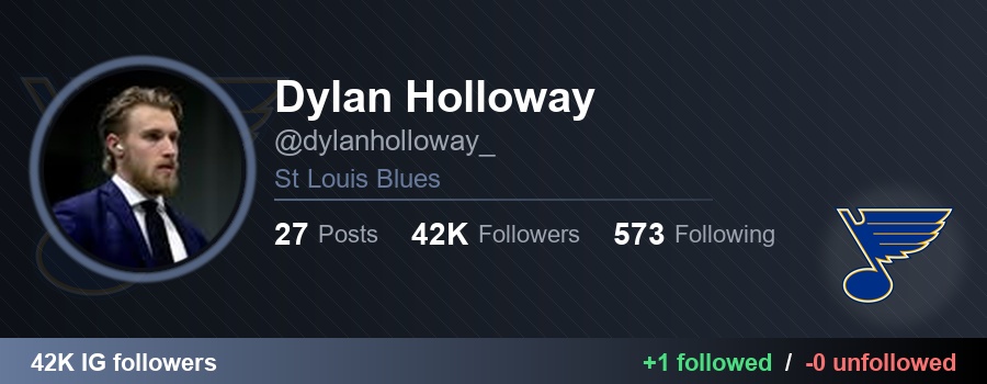 NHLFollowTrack's tweet image. 👉 dylanholloway_ (Dylan Holloway) started following 1 and unfollowed 0:

✅ the.team.hockey (HOCKEY.TEAM)
🔗 instagram.com/the.team.hockey

#NHL #STLBlues