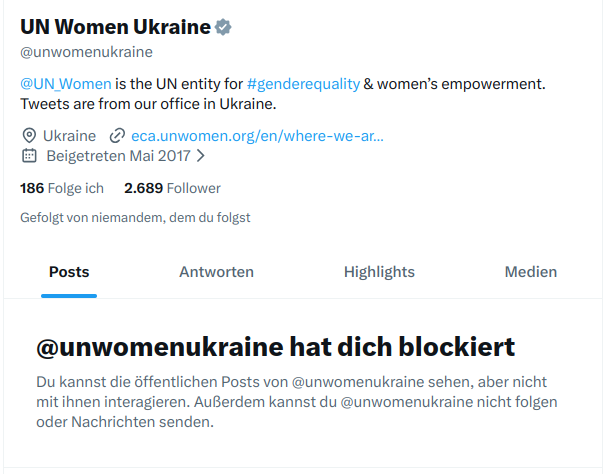 litterwarnung's tweet image. So "UN Women Ukraine" blocks and hides everyone who dares to point out that forcibly sending only men to war might be a slightly more pressing #genderequality issue than anything they bring up.

That's @UN for you, I guess...