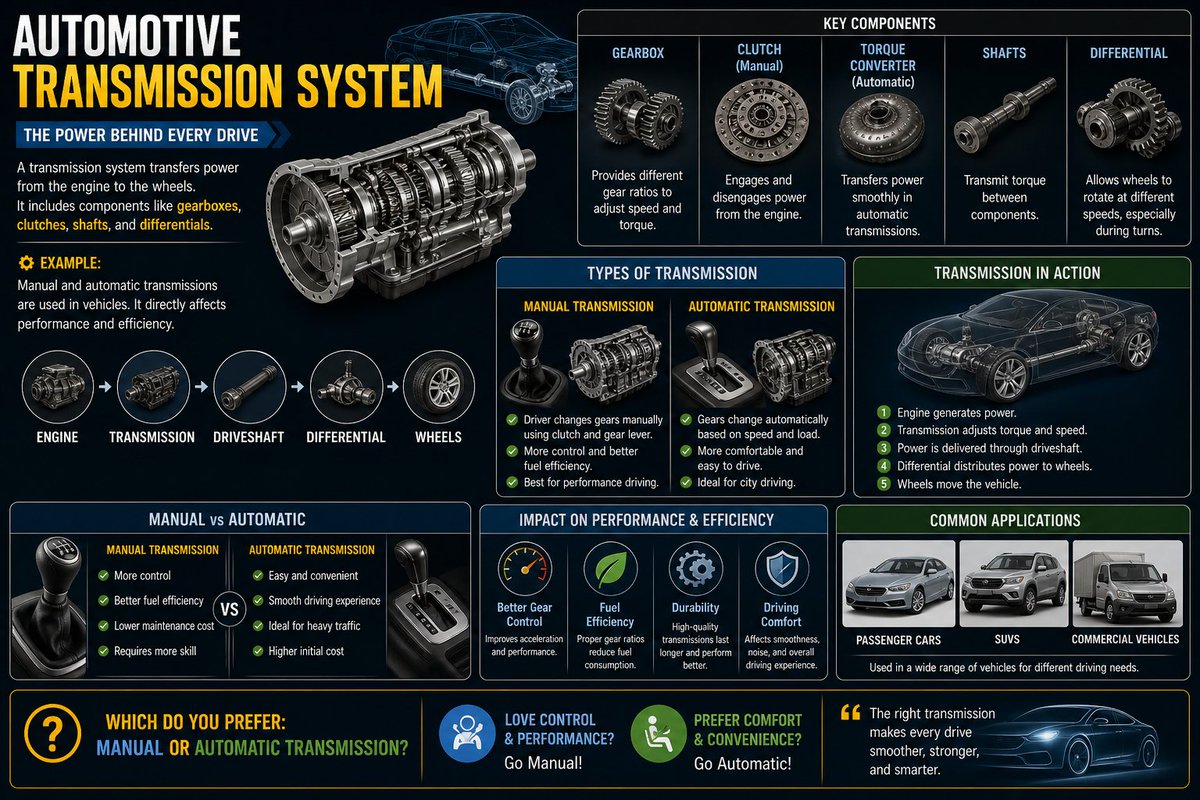 zayn12211's tweet image. Transmission 🚗
Engine → Wheels power
#Automotive #Engineering