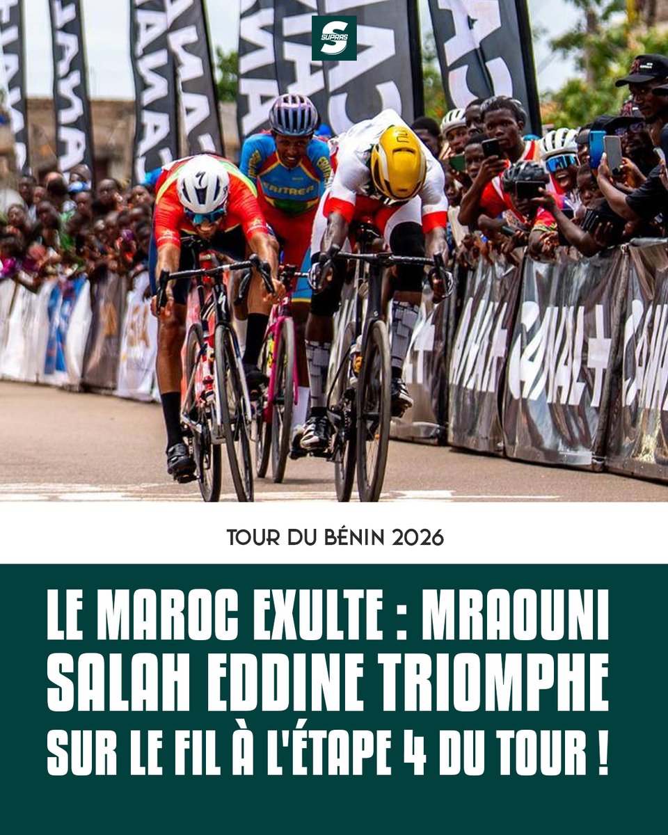 supras_mag's tweet photo. Tour du Bénin 2026 

Ce vendredi 1 Mai 2026, Mraouni Salah Eddine du Maroc 🇲🇦 a remporté l'étape 4 du Tour du Bénin 2026.

Le burkinabè Bouda Wahabou 🇧🇫 est arrivé 2è d'après la photo finish.
L'Erythréen Misgina Meron 🇪🇷 termine 3e.

 #SuprasMag #TourDuBenin2026 🚴🏾🇧🇯 https://t.co/rHezX9oaiM