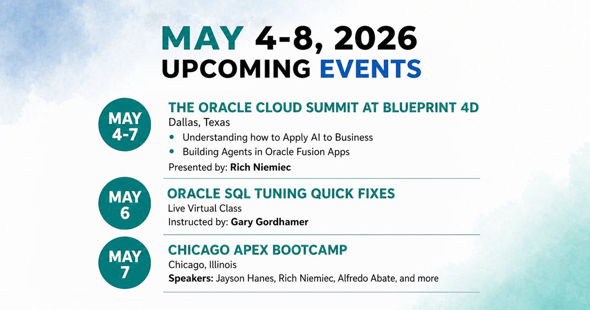 ViscosityNA's tweet photo. Next week🚀 

☁️ The Oracle Cloud Summit at Blueprint 4D w/ #ACED @richniemiec w/ #OracleAgents + #BusinessAI 

🏙️ The Chicago APEX Bootcamp. Real builds + #orclAPEX in action! Plus, Oracle #SQLTuning Quick Fixes LVC w/ #ACED Gary Gordhamer 

👉 https://t.co/lwi2ojHkt6 https://t.co/TAAM6JSjin