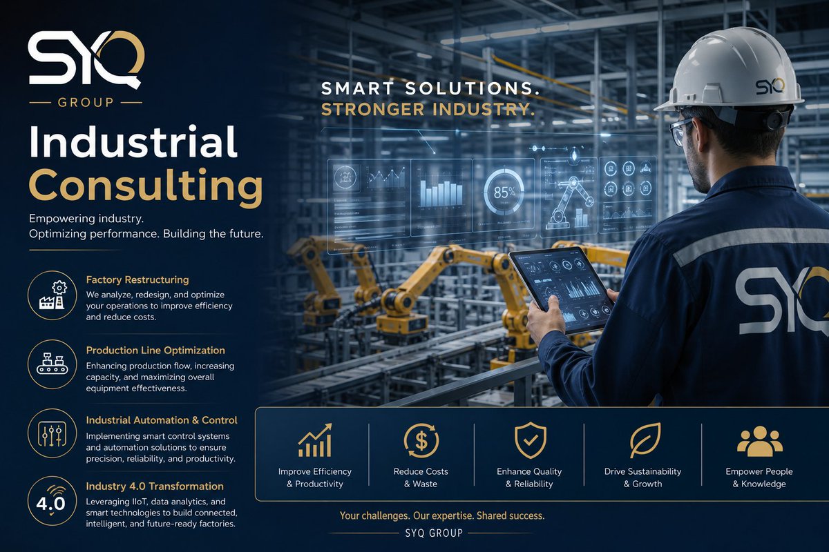 SYQgroup's tweet image. At SYQ Group, we turn industrial challenges into smart, scalable solutions.
From optimization to automation, we help build the factories of the future.
#IndustrialConsulting #Industry40 #Automation #SmartManufacturing #SYQGroup