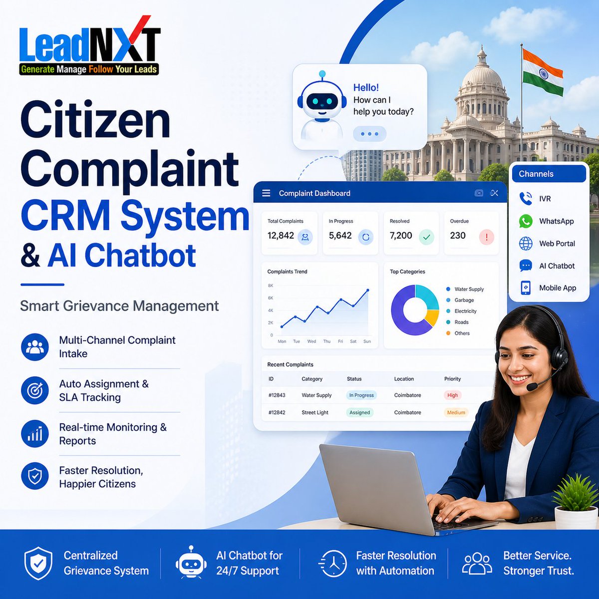 LeadNXT1's tweet image. Still managing 𝗰𝗶𝘁𝗶𝘇𝗲𝗻 𝗰𝗼𝗺𝗽𝗹𝗮𝗶𝗻𝘁𝘀 manually? That’s a bottleneck
Municipal Corporations | Smart Cities | Government Departments | RWAs leadnxt.com/citizen-compla…
#SmartCity #eGovernance #CRM #AIChatbot #DigitalIndia #GovTech #CitizenServices #Automation #PublicSector