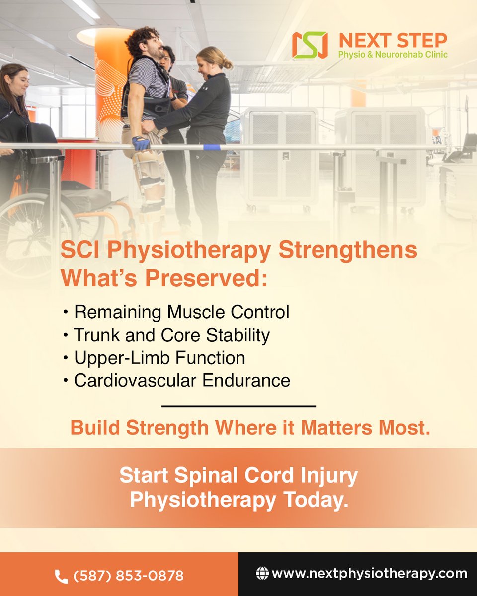 NextStepNeuro's tweet image. Ability after spinal cord injury can still grow. 
SCI physiotherapy builds strength, stability, endurance, and function by training preserved pathways for better movement. Start your recovery today. 
#Physiotherapy #Rehab #Recovery #chronicpain #health #fitnesstips