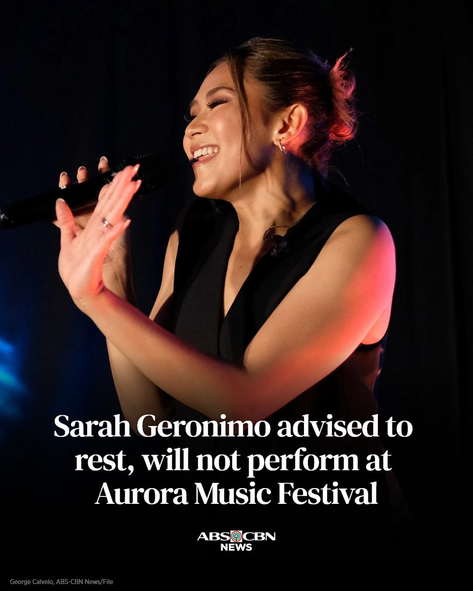 Popstar royalty Sarah Geronimo won’t be able to perform at the Aurora Music Festival 2026 after her physician advised her to rest, her management said.
 
They admitted it was “not an easy decision” but stressed it was “necessary to ensure she can recover properly.”

READ: