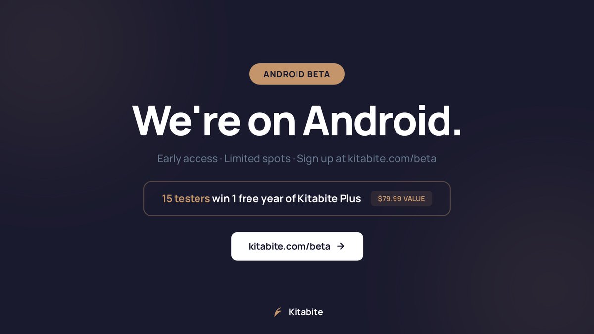 kitabite's tweet photo. Kitabite is now on Android! 

We're opening up early access to a small group of testers. Sign up and you might be one of 15 people to win a free year of Plus ($79.99). 
  
All you need is a Gmail address. 
https://t.co/qU2jJi2Xhj https://t.co/XKEQEhdKz1