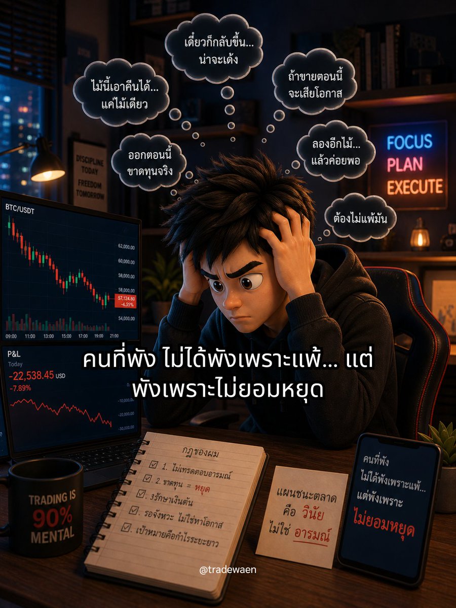 tradewaen05's tweet photo. คนที่พัง ไม่ได้พังเพราะแพ้… แต่พังเพราะไม่ยอมหยุด

ผมเคยเสียไม้หนึ่ง
แล้วพยายามเอาคืนสองไม้
จากเสียเล็ก
กลายเป็นเสียหนัก

เพราะใจไม่ยอมจบ
ถ้าคุณยังเทรดตอนอารมณ์แรง
คุณไม่ได้กำลังแก้เกม

คุณกำลังเผาพอร์ตตัวเองเงียบ ๆ

#เทรด #เทรดเดอร์ #forex #กราฟกับแว่น https://t.co/w9AMUG32Lt
