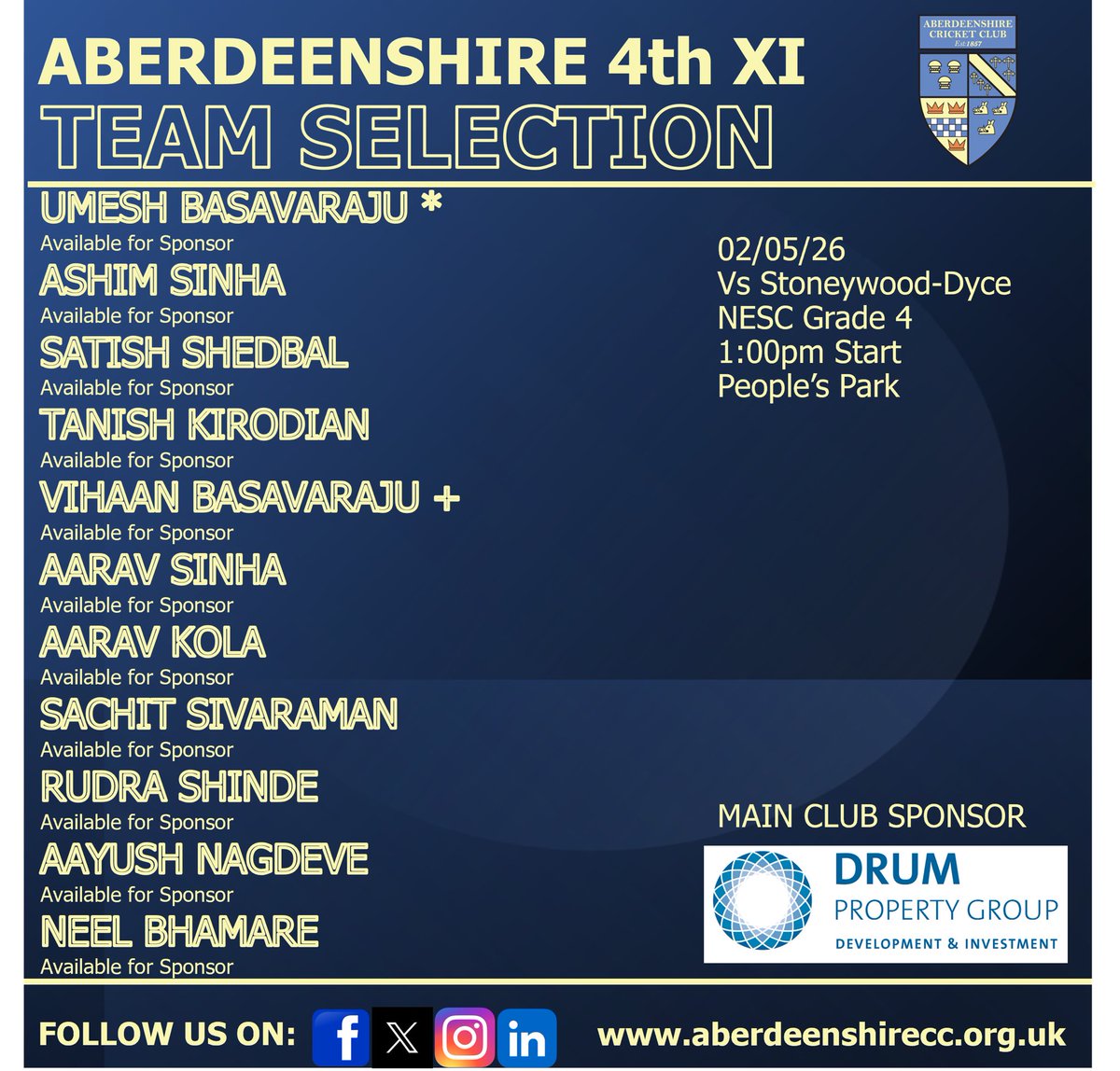 AberdeenshireCC's tweet photo. 🏏 MATCHDAY IS HERE! 🏏

The wait is over – the 2026 league season kicks off today, and we are ready to go! 💥

We have all four senior teams in action today:

🔵 1st XI vs @StoneywoodDyce 
🔵 2nd XI vs Cartoos Cults
🔵 3rd XI vs @PortcullisCC1 
🔵 4th XI vs @StoneywoodDyce https://t.co/99EduM1bAv