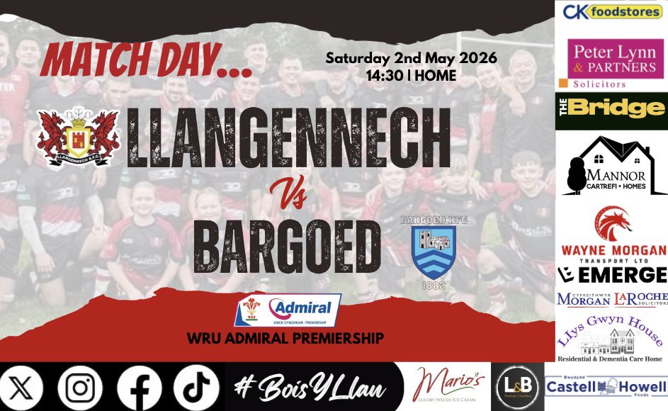 RFCLlangennech's tweet image. 🏉MATCH DAY🏉

🗓 Saturday 2nd May 2026
⌚️2:30pm
🏆 WRU Premiership
🆚 Bargoed
📍 HOME

#BoisYLlan #LookingForward 

⚫️🔴⚪️