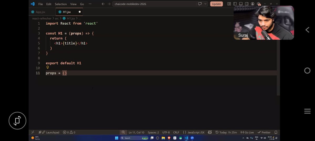 _mohammad_asad_'s tweet photo. Mobile dev journey begins 🪽📱

Break down of today's class:
- What is react why we need it.
- basic setup of react app
- folder structure breakdown 
- jsx fundamentals
- components 
- and props

Great class by @surajtwt_ 🙌🏻
@ChaiCodeHQ @Hiteshdotcom 
#webdevelopment #mobdev https://t.co/JMaAoxgQIh