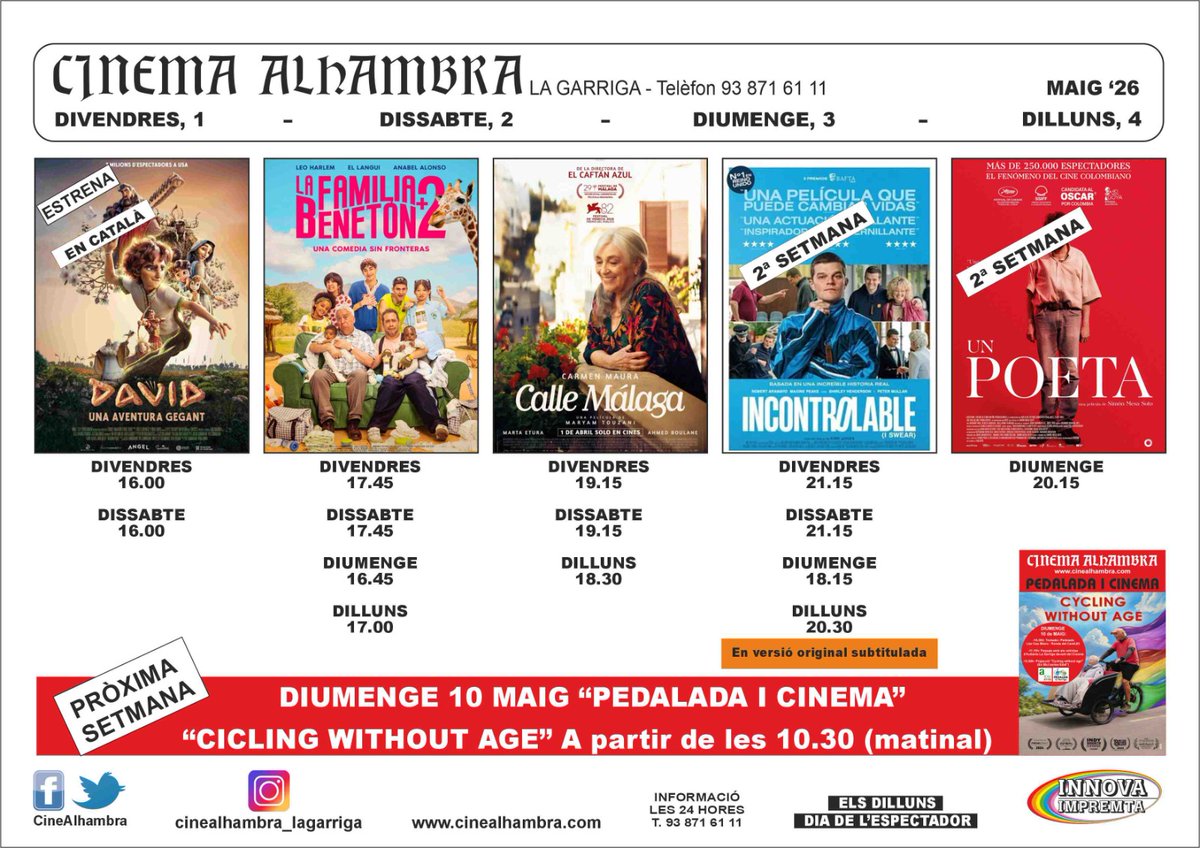 JMpatrocinis's tweet photo. #Cartellera del 1 al 4 de Maig!
#CineAlhambra #laGarriga
#Cultura 💕 https://t.co/SKocTE7W3N