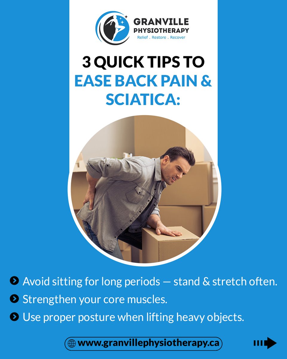 granville_yeg's tweet image. Back pain or sciatica slowing you down? 
Try this: move often, strengthen your core, and lift with proper posture. For lasting relief, physiotherapy treats the root cause—not just symptoms. Book today.
#BackPain #Sciatica #Physiotherapy #PainRelief #chronicpain #healthcare