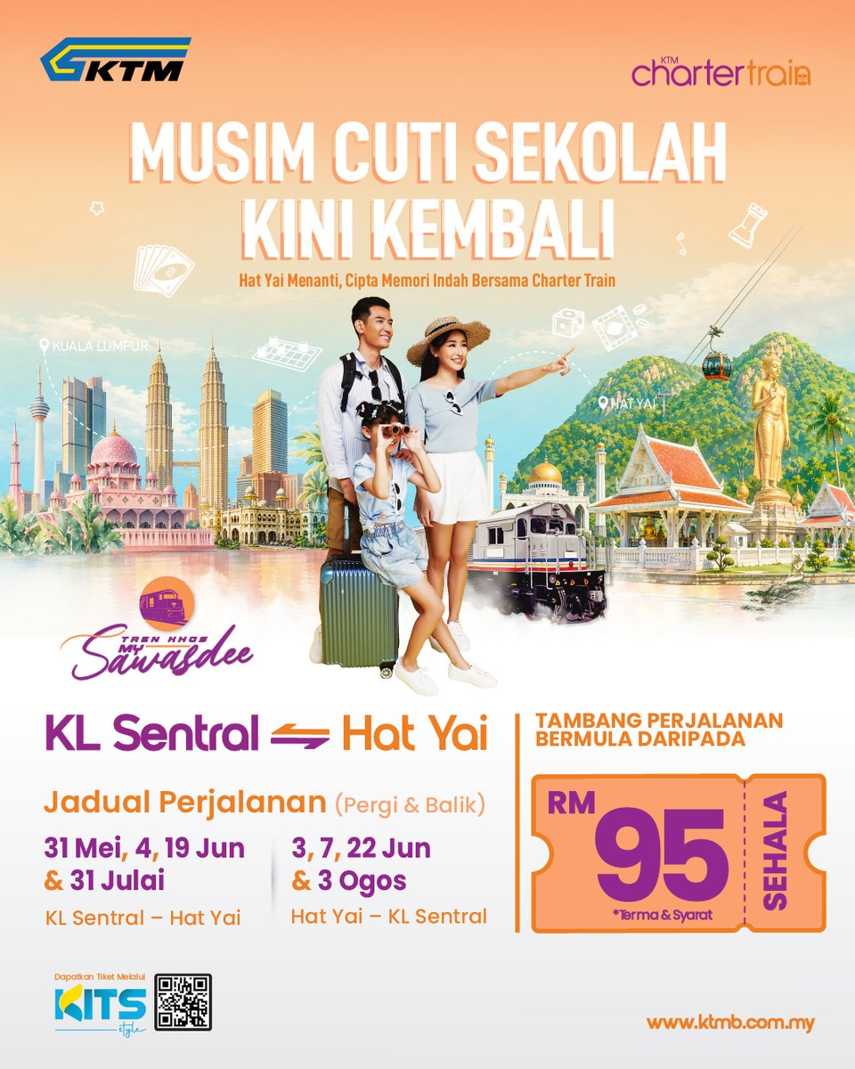 ktm_berhad's tweet photo. Sawasdeekap, #JourneyFriends!

Rancang percutian istimewa anda ke Hat Yai bersama tren MySawasdee bagi bulan Mei, Jun, Julai dan Ogos 2026. 

Tiket boleh dibeli melalui:
• Laman web rasmi: https://t.co/5u5SX2rbYc 
• Aplikasi KITS Style
• Aplikasi KTMB Mobile
• Kios tiket https://t.co/6xJEIytMck