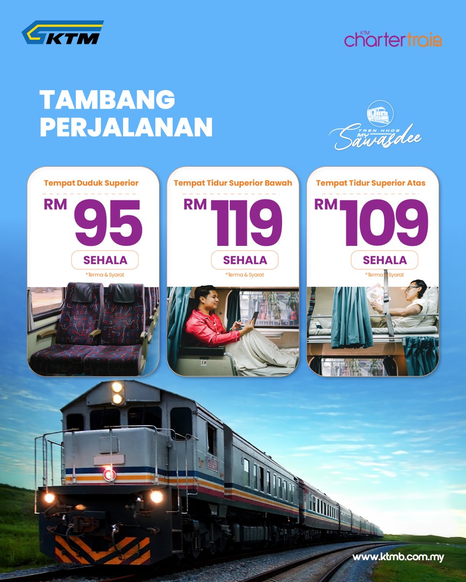 ktm_berhad's tweet photo. Sawasdeekap, #JourneyFriends!

Rancang percutian istimewa anda ke Hat Yai bersama tren MySawasdee bagi bulan Mei, Jun, Julai dan Ogos 2026. 

Tiket boleh dibeli melalui:
• Laman web rasmi: https://t.co/5u5SX2rbYc 
• Aplikasi KITS Style
• Aplikasi KTMB Mobile
• Kios tiket https://t.co/6xJEIytMck