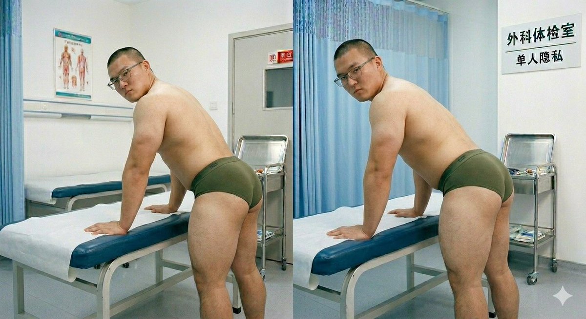 JiananWu9's tweet photo. 眼镜寸头眼镜壮熊兵外科体检照片(纯AI生成无现实素材)壮熊内心读白:赶紧结束这个尴尬羞耻的外科体检😭小宇坏笑:哪能这么轻易放过这条憨壮军犬😎
#军犬 #体罚 #体训 #1m0s #军检 #1m #体检 https://t.co/uHDnjVK9PJ