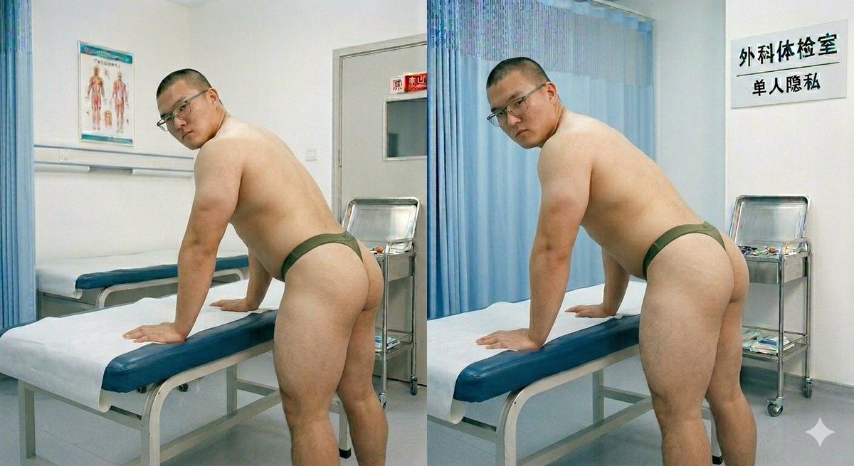 JiananWu9's tweet photo. 眼镜寸头眼镜壮熊兵外科体检照片(纯AI生成无现实素材)壮熊内心读白:赶紧结束这个尴尬羞耻的外科体检😭小宇坏笑:哪能这么轻易放过这条憨壮军犬😎
#军犬 #体罚 #体训 #1m0s #军检 #1m #体检 https://t.co/uHDnjVK9PJ