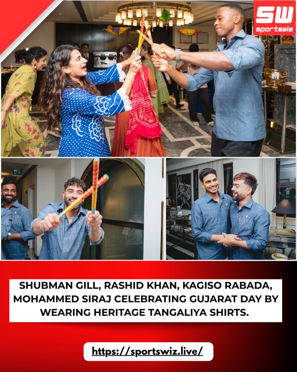 mysportswiz's tweet image. Shubman Gill, Rashid Khan, Kagiso Rabada &amp;amp; Mohammed Siraj celebrating Gujarat Day in traditional Tangaliya shirts 👕✨

A beautiful blend of culture &amp;amp; cricket — representing heritage with pride 💯

Sportswiz.live

#GujaratDay #ShubmanGill #RashidKhan #Rabada