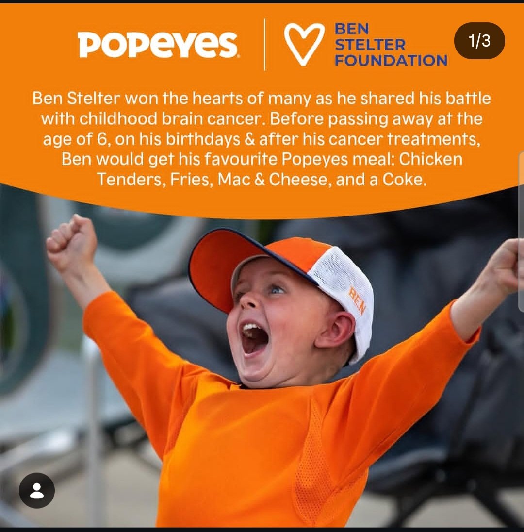 MsUnderstood_23's tweet image. From May 1st - 31st, participating @PopeyesCA in Northern Alberta and #Edmonton are raising money for @Benstelterfund with meals/cups
And on Ben's birthday (May 27) these locations will be donating net proceeds to BSF!
 Come on out and join the fight against pediatric cancer 🧡💙