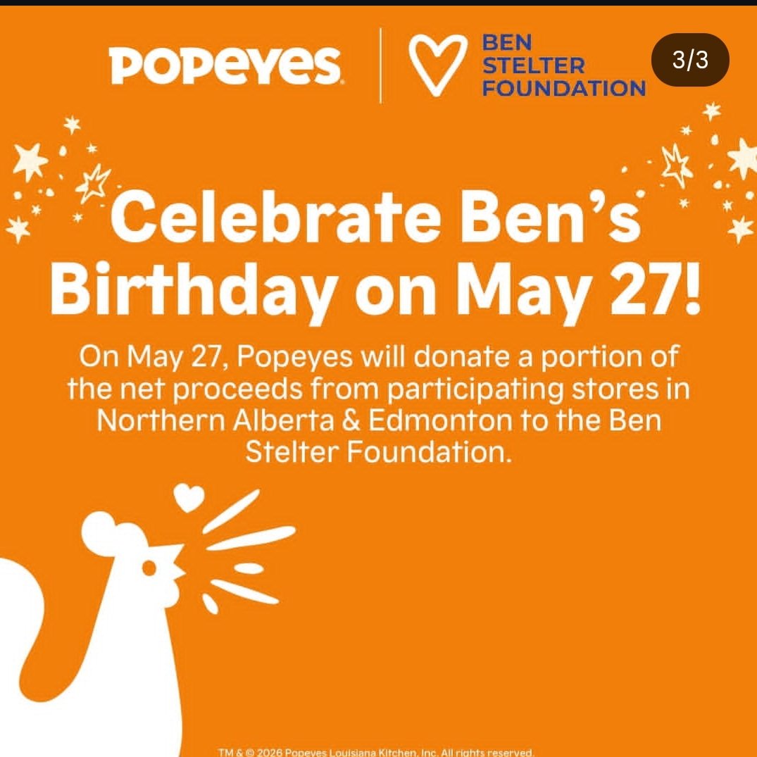MsUnderstood_23's tweet image. From May 1st - 31st, participating @PopeyesCA in Northern Alberta and #Edmonton are raising money for @Benstelterfund with meals/cups
And on Ben's birthday (May 27) these locations will be donating net proceeds to BSF!
 Come on out and join the fight against pediatric cancer 🧡💙