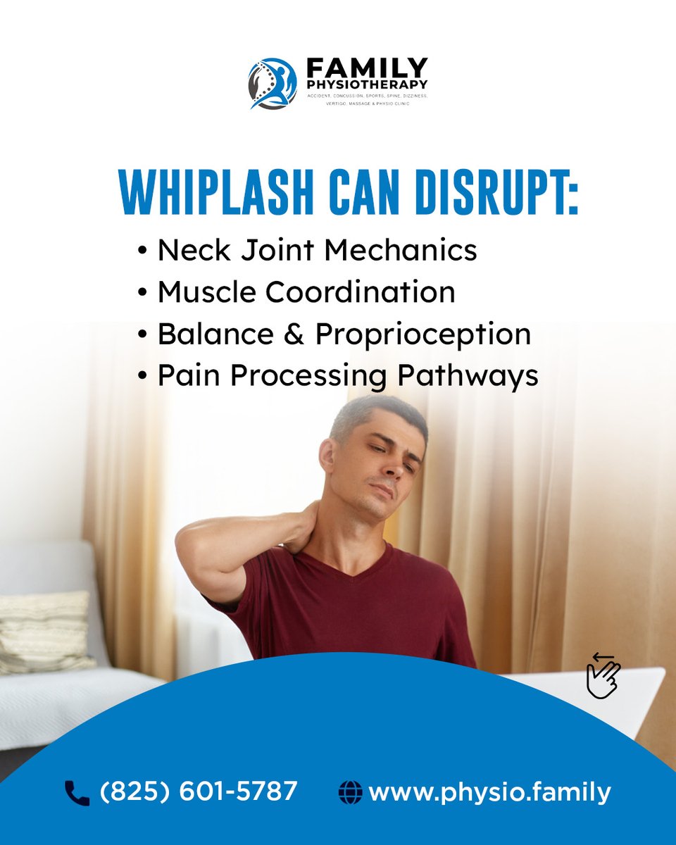 FamilyPhysio_'s tweet image. Whiplash pain still lingering weeks later? It’s not “just soreness.”
Whiplash can affect neck mechanics, muscle control, and balance. Physiotherapy uses hands-on care, retraining, and graded movement to reduce pain. 
#Whiplash #Physiotherapy #NeckPain #Injury #Recovery #health