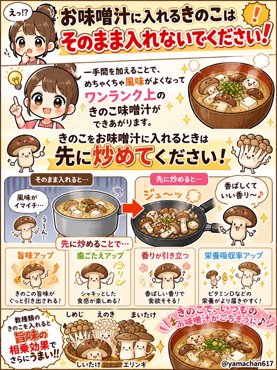 yamachan617's tweet photo. きのこは炒めてから！
旨味・香り・食感がぐっとアップ。数種類を組み合わせれば相乗効果で、いつもの味噌汁がワンランク上の一杯に！ https://t.co/7nwCH2sWnu