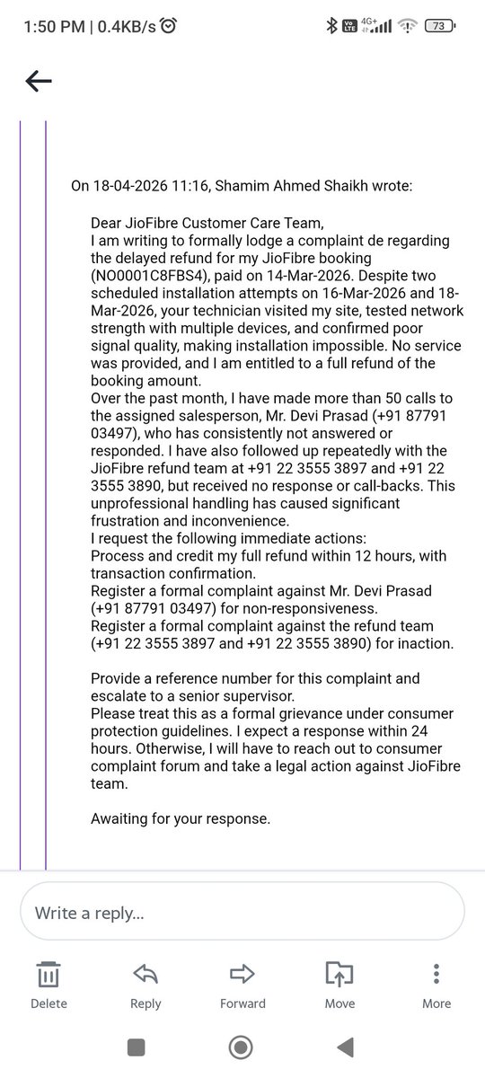 ShaikhShamimAM's tweet photo. @JioCare @TRAI @consumercourtin @RIL_Updates @MukeshAmbani - Time for higher mgmt intervention? Tag if you've faced this! #BoycottJioFibre @JioCare #consumercomplaint https://t.co/2SXk89kioZ