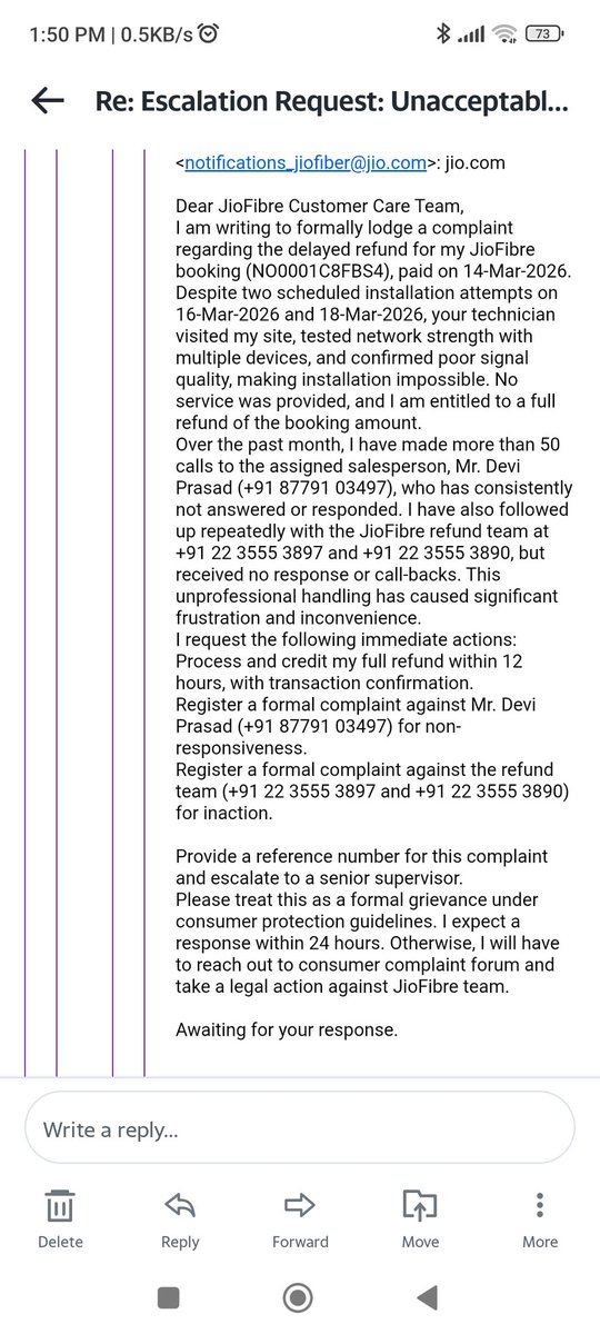 ShaikhShamimAM's tweet photo. @JioCare @TRAI @consumercourtin @RIL_Updates @MukeshAmbani - Time for higher mgmt intervention? Tag if you've faced this! #BoycottJioFibre @JioCare #consumercomplaint https://t.co/2SXk89kioZ