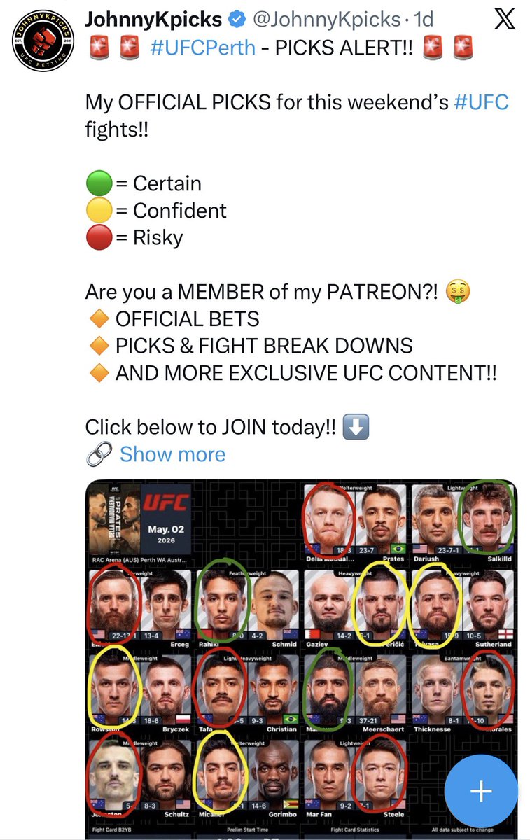 rocketlotto100's tweet image. @JohnnyKpicks UFC 5/2 DraftKings Lineup!

Have a great Saturday everyone!

My referral link 
DraftKings.com/r/playnasty99

Tip jar if you win!
tr.ee/Q_d5FFRCvM

Like always, play responsibly! 🥊 💰

#RocketLotto #ufc #gamblingx #dfs #draftkings  #sportsbetting #props