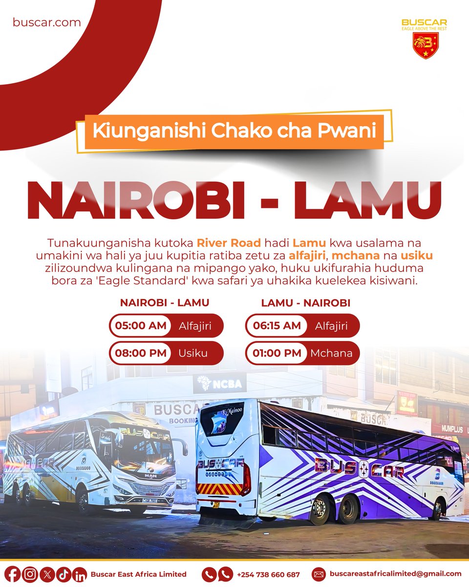 Safari ya Uhakika Kuelekea Kisiwani!

Tunakuunganisha kutoka River Road hadi Lamu kwa usalama na umakini wa hali ya juu.

Chagua ratiba inayokufaa na ufurahie safari yako.

Ratiba:

➡️ NRB-Lamu: 05:00 AM | 08:00 PM

➡️ Lamu-NRB: 06:15 AM | 01:00 PM

Kata Tiketi:

📞 +254738660687