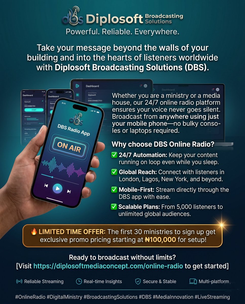 diplosoft's tweet photo. Welcome to MAY! 

This month, we officially launch DBS (Diplosoft Broadcasting Solutions).

We are revolutionizing Audio Broadcasting!

Take your message beyond the walls of your building and into the hearts of listeners worldwide with Diplosoft Broadcasting Solutions (DBS).

Whether you are a ministry or a media house, our 24/7 online radio platform ensures your voice never goes silent. Broadcast from anywhere using just your mobile phone—no bulky consoles or laptops required.

Why choose DBS Online Radio?
24/7 Automation: Keep your content running on loop even while you sleep.
*Global Reach: Connect with listeners in London, Lagos, New York, and beyond.
*Mobile-First: Stream directly through the DBS app with ease.
Scalable Plans: From 5,000 listeners to unlimited global audiences.

Ready to broadcast without limits?

Visit https://t.co/OaUf11OtIb to get started.

Follow @DiplosoftMedia for more updates.

#OnlineRadio #DigitalMinistry #BroadcastingSolutions #DBS #MediaInnovation #LiveStreaming