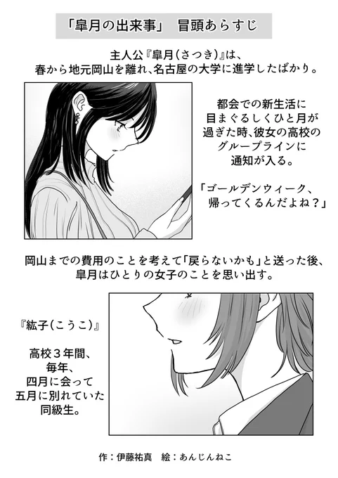 明後日、東京ビッグサイトで開催の #文学フリマ東京42 

私が挿絵を担当した伊藤祐真 @ito_lily_yuma さんの小説『皐月の出来事』の冒頭あらすじを紹介します。

ご興味があるかたは、【こー21,22】サークル名:@キャロルまでお越しください😆

#創作百合 